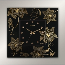 1471 BBG Square Black Wooden Case, Gold Color Flowering Wall Clock
